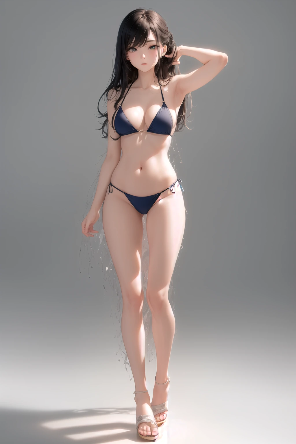 片手を髪・片手を腰