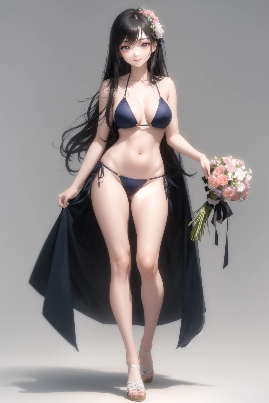 花束を抱えて微笑む