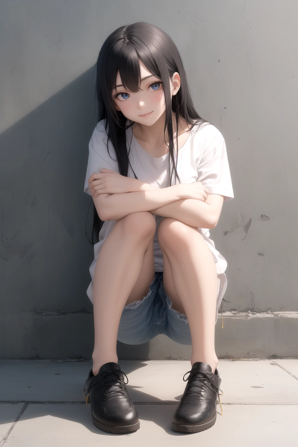 壁にもたれ腕組み