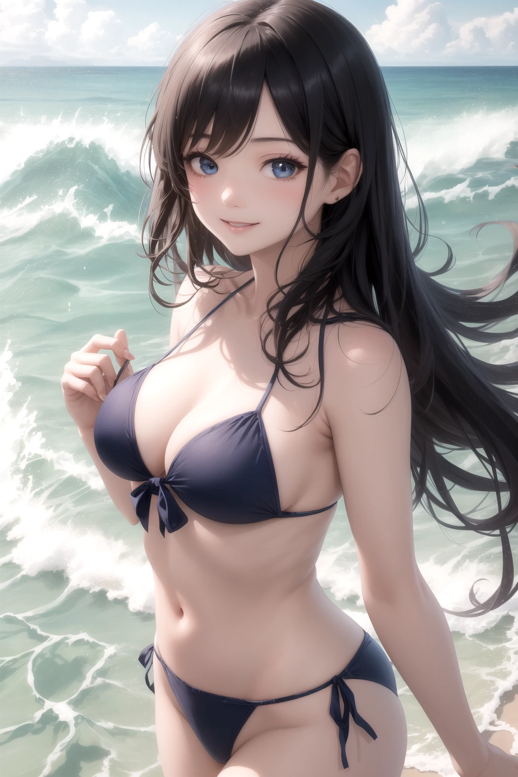 波打ち際で波と戯れる