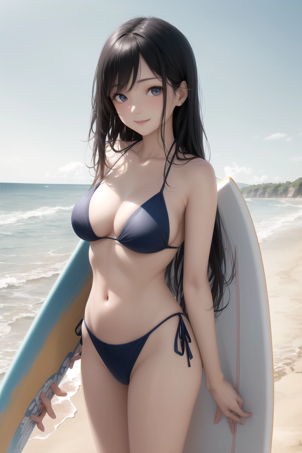 サーフボードを抱えて立つ