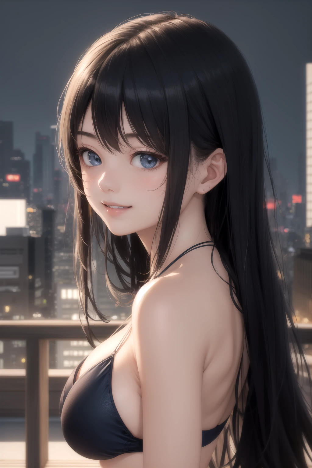 ビル群を背景に振り返る