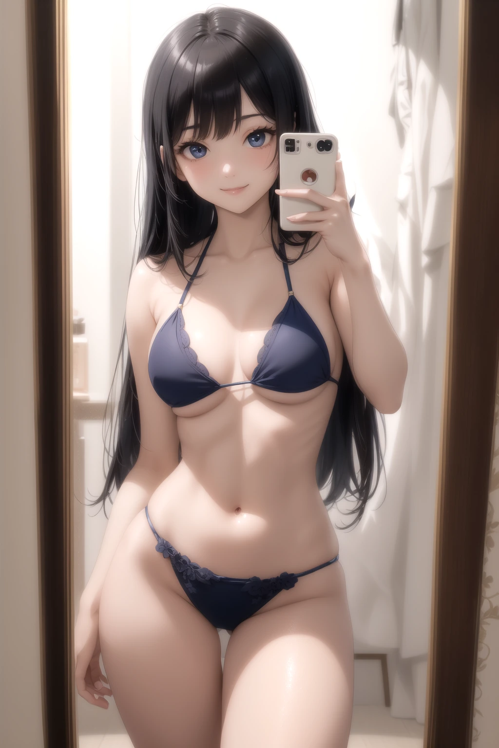 姿見の前でポーズ確認