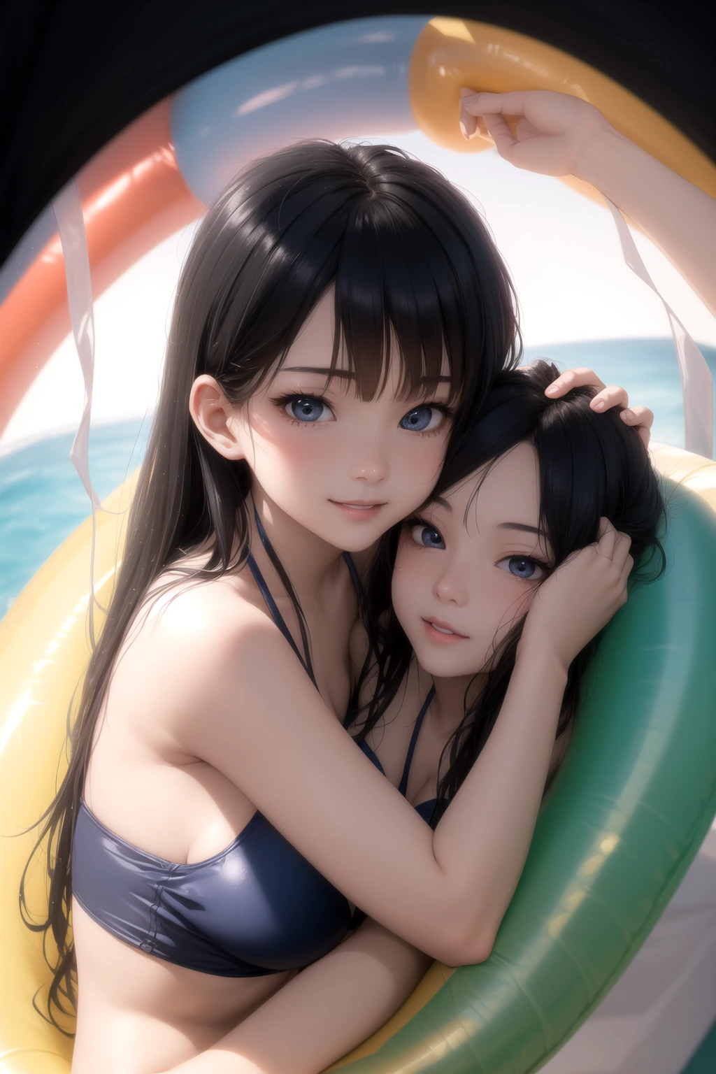 浮き輪を抱きしめる