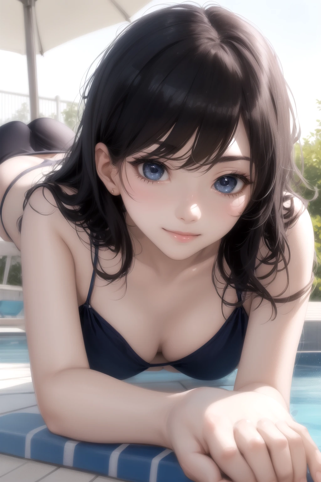 プールサイドでうつ伏せ