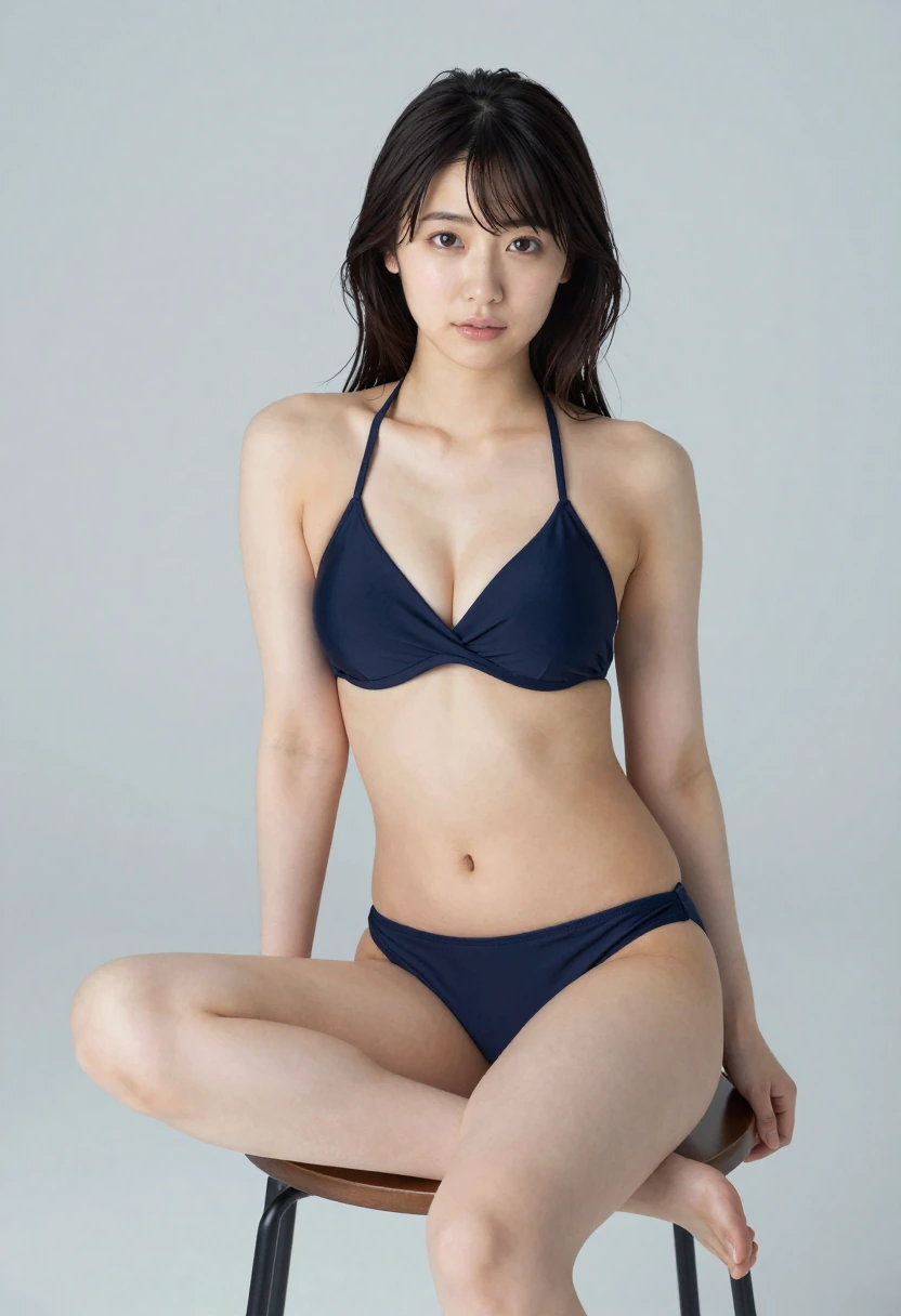椅子に浅く脚組み