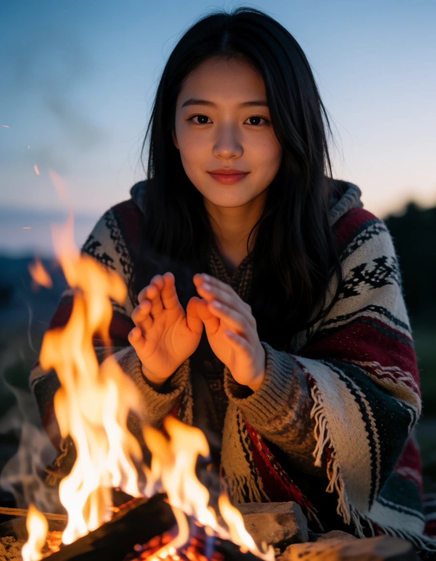 焚き火の前