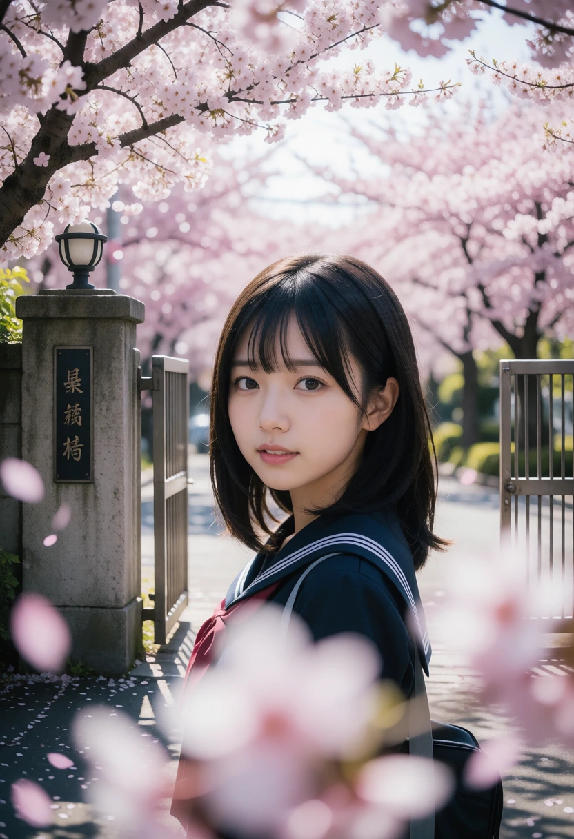 校門・花吹雪の前ボケ