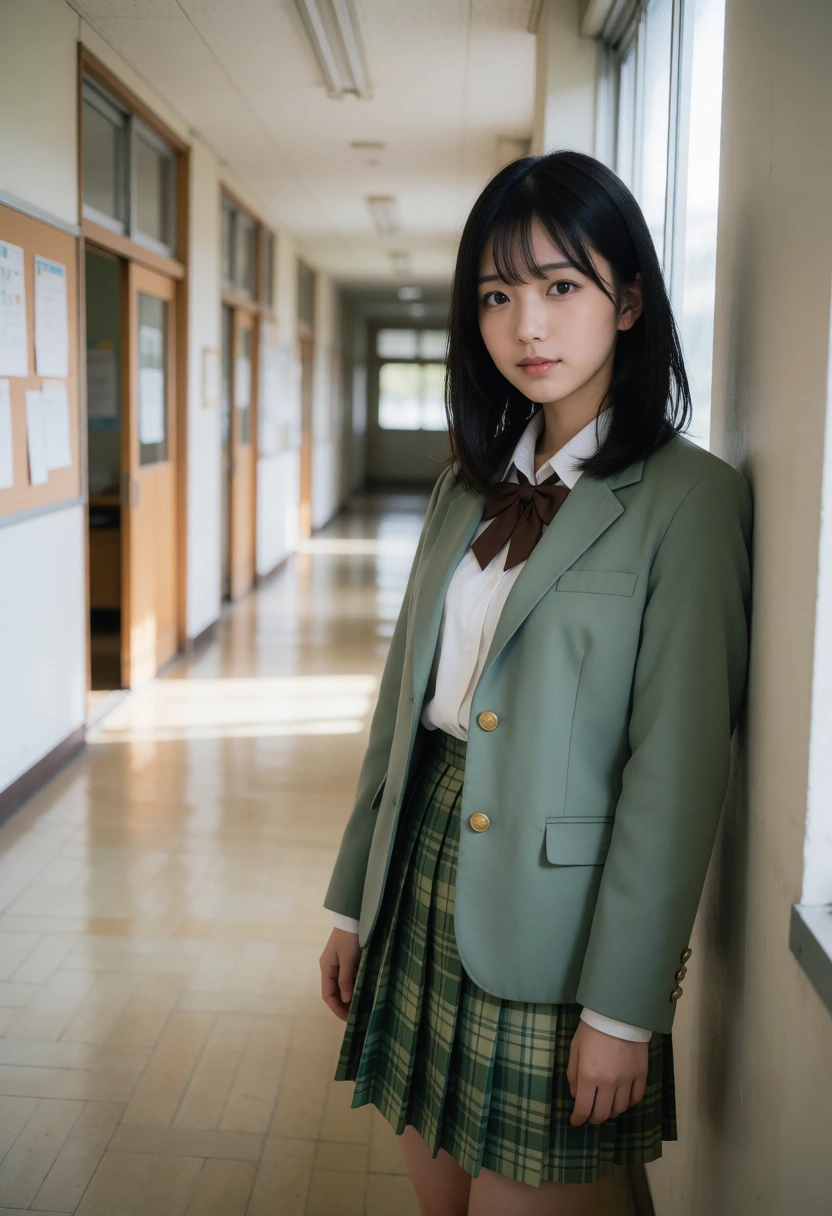学校の廊下・くすみグリーンブレザー