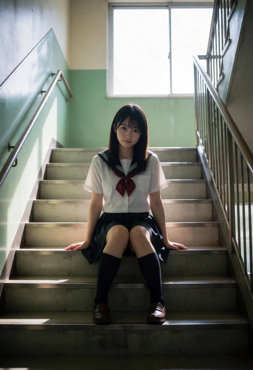 学校の階段・階段の光溜まり