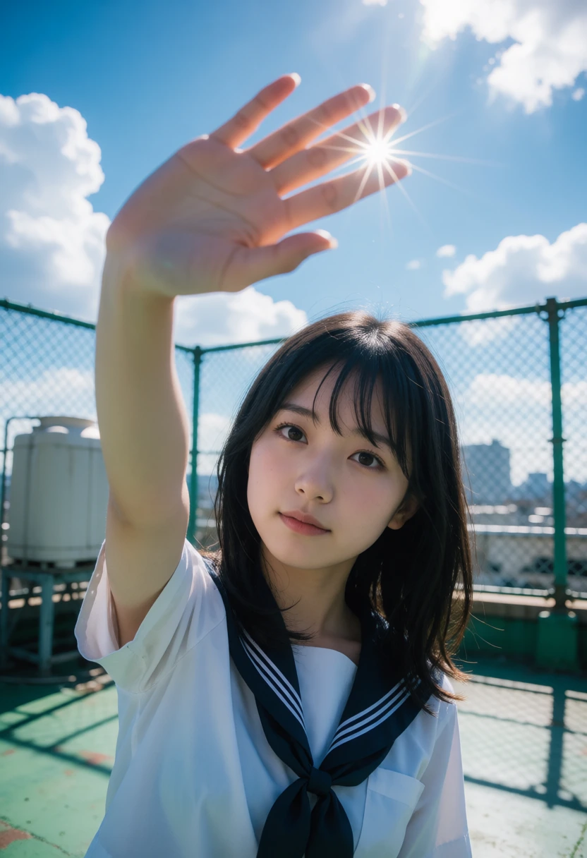屋上・太陽を手で遮る