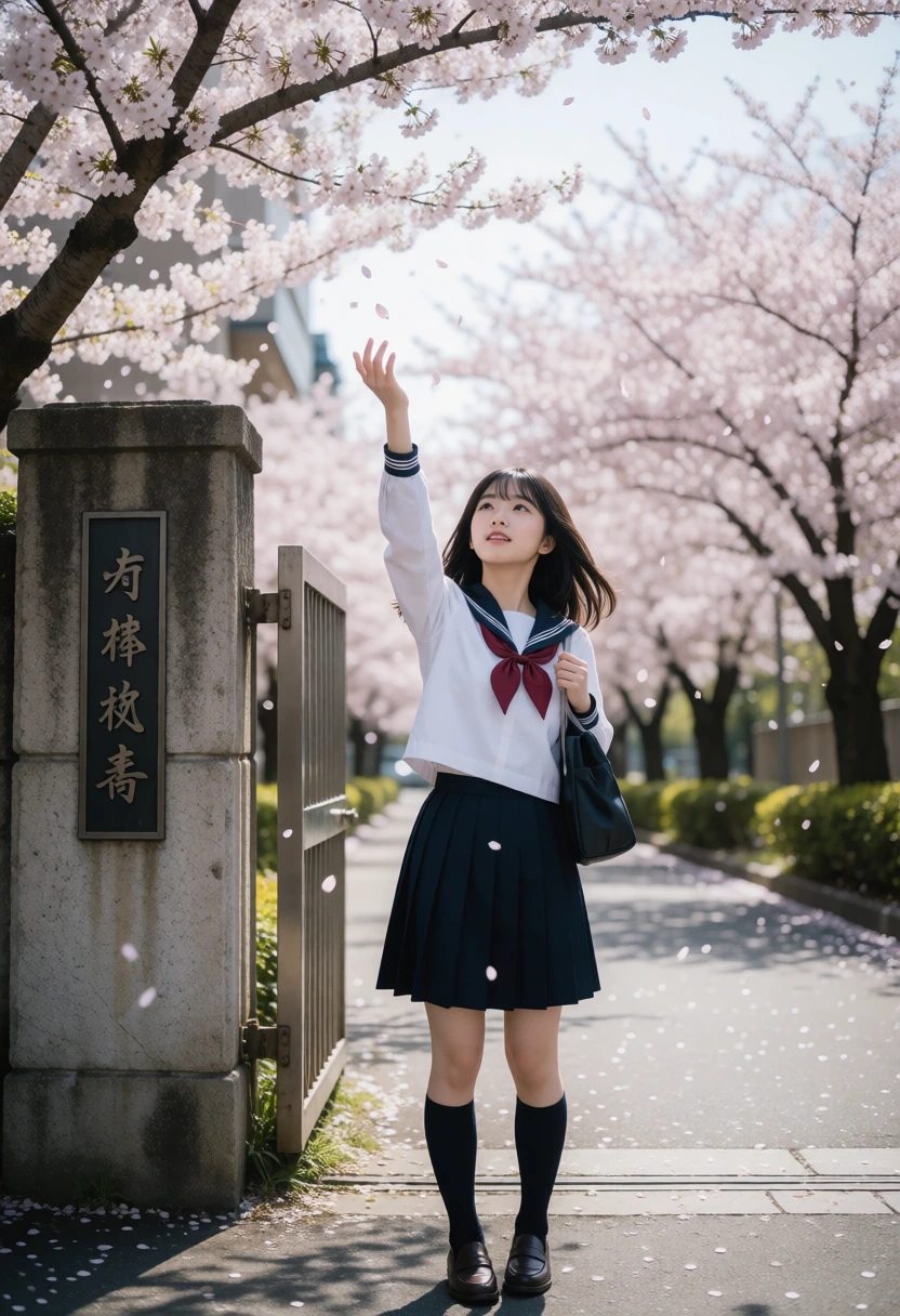 校門・花びらを掴む