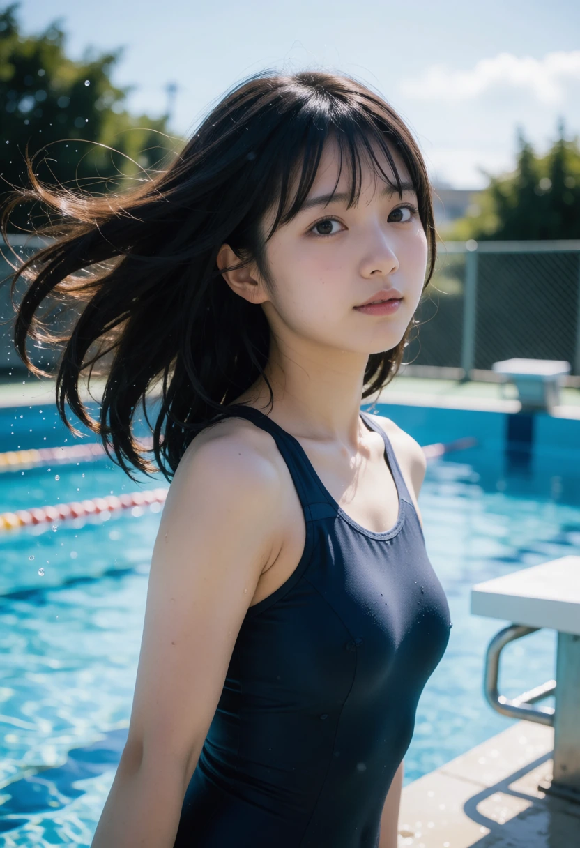 学校のプール・髪を振り上げる