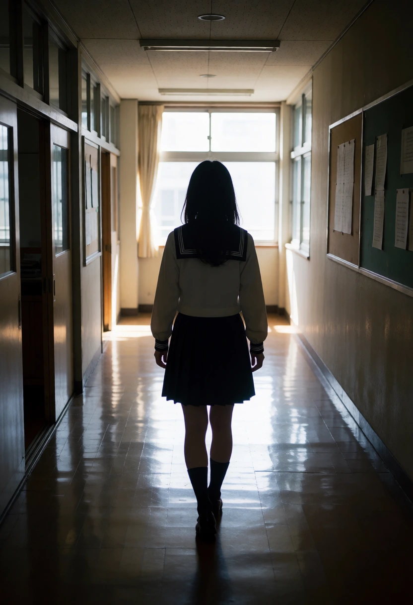 学校の廊下・廊下の逆光