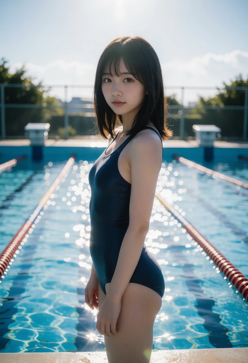 学校のプール・水面の逆光
