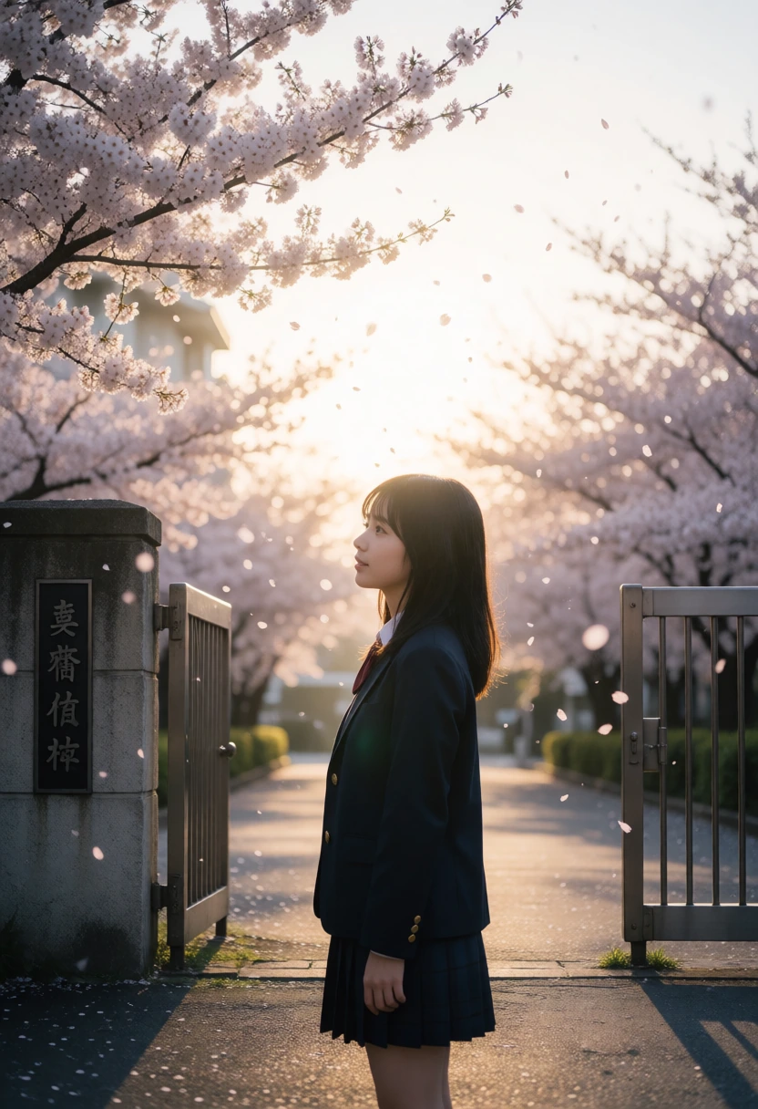 校門・桜と夕日の逆光