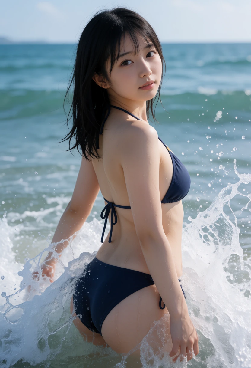波しぶきを浴びて振り返る