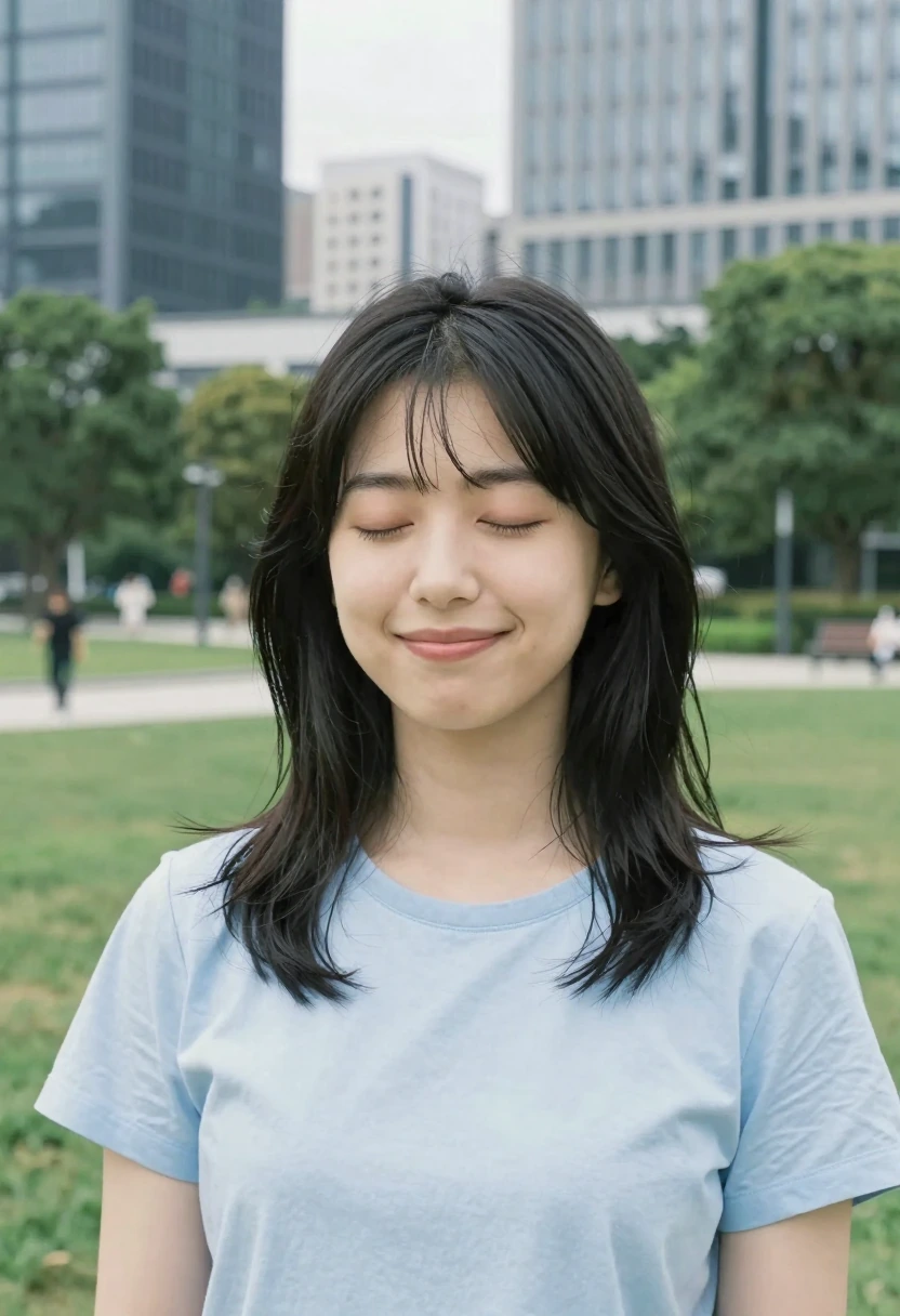 目を閉じて微笑む（eyes closed smile）