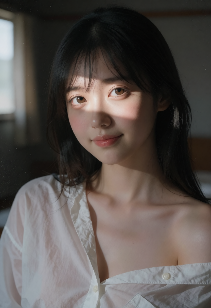 選外: 一条の光・明暗×薄暗い室内×だぼっと白シャツ