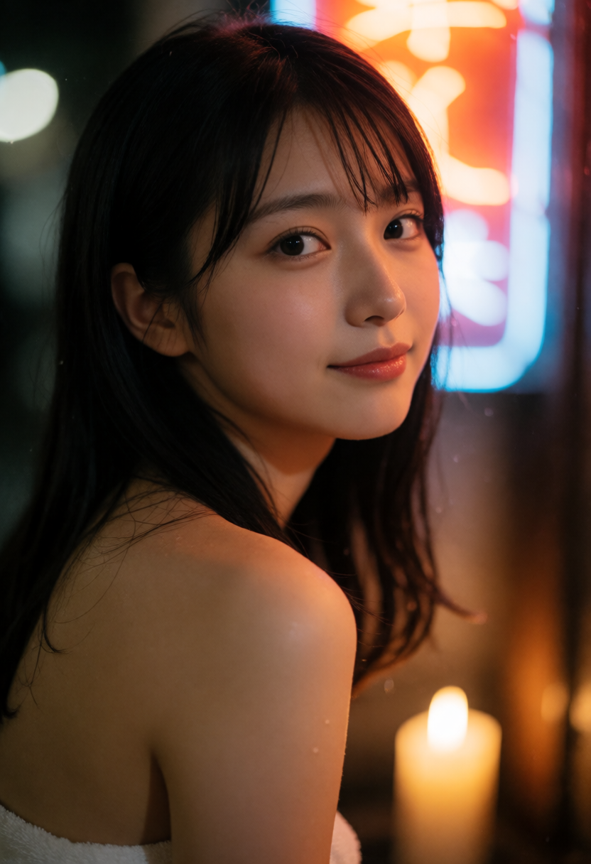 選外: 燭光の暖かい点光源×雨上がりの夜の街×湯上りバスタオル  [Krea2 realism単体(肌の写実)]
