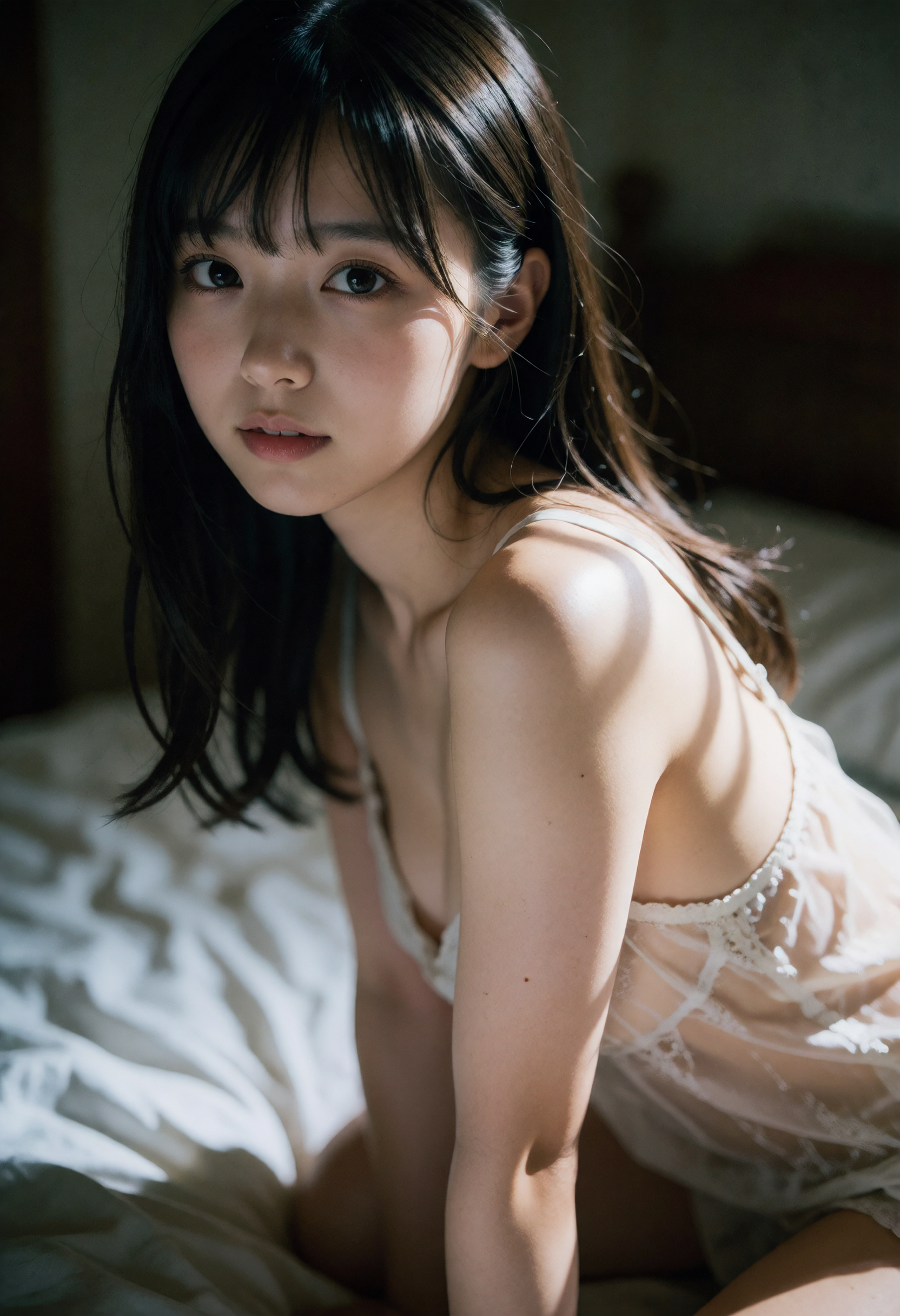 白いシーツ、肩さきにだけ午後の光。ふり向いた目が、まっすぐこちらを見ている。