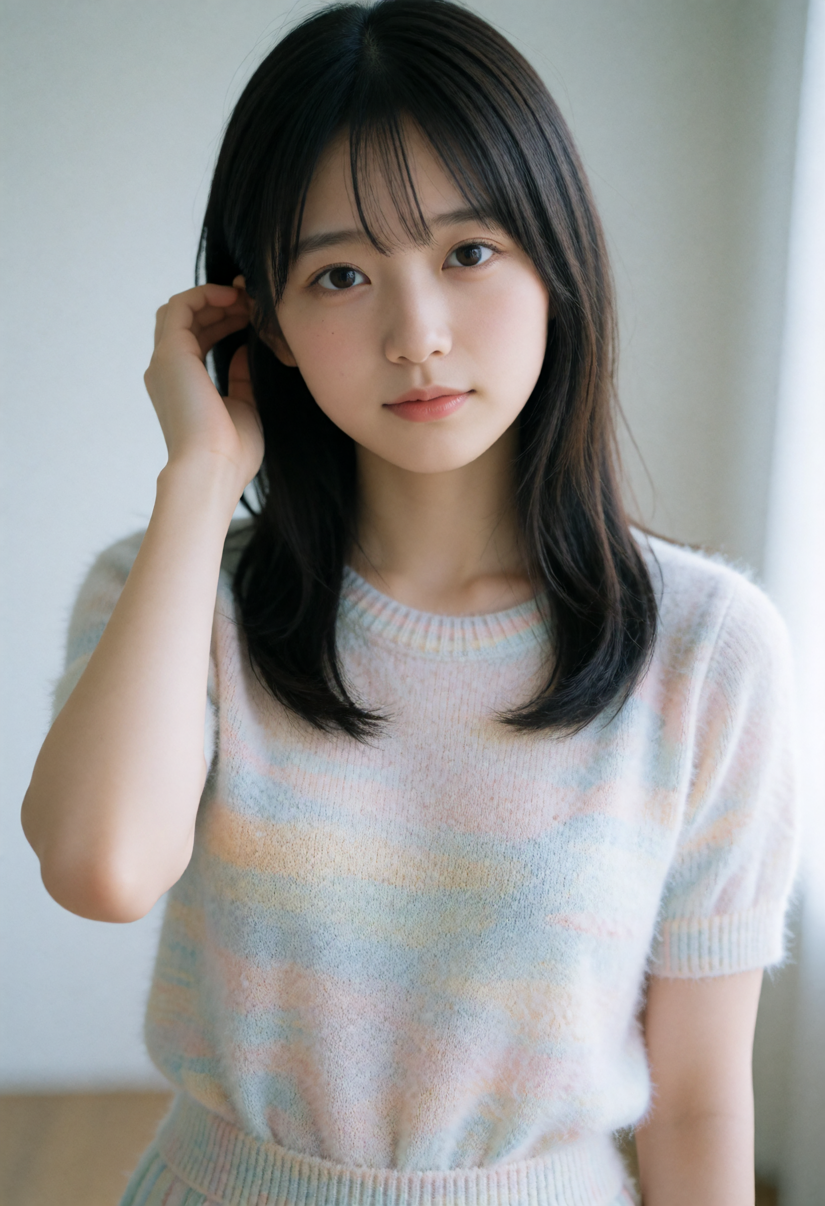 髪を耳にかける、なんでもない仕草。朝のやわらかい光は、それだけで一枚になる。