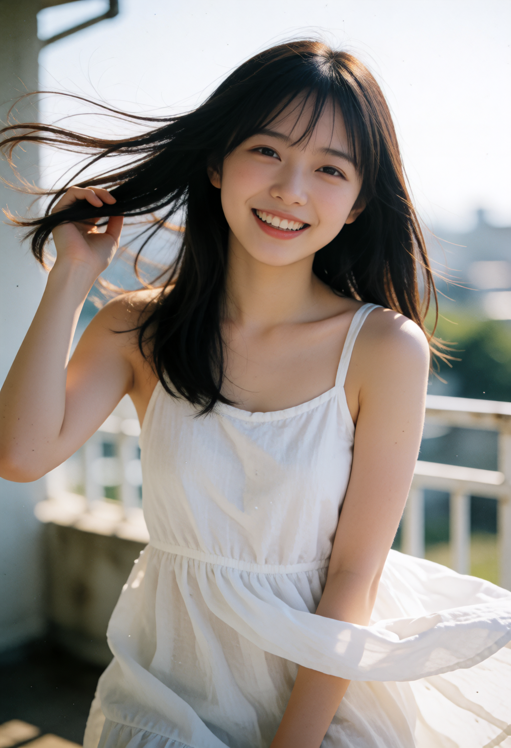 不意の風に、笑いごと持っていかれた一瞬。整える前の顔がいちばん強い。