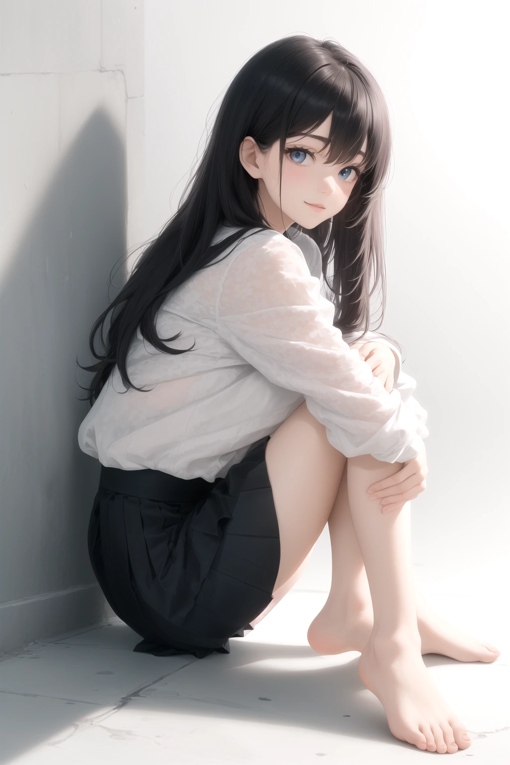 壁にもたれ床座り