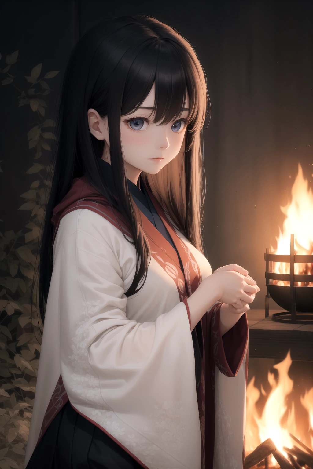 焚き火の前