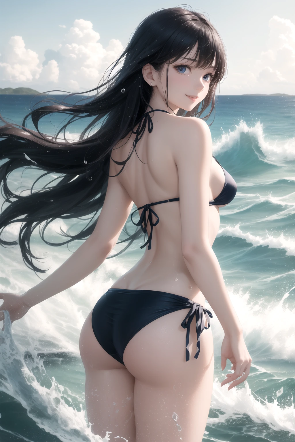 波しぶきを浴びて振り返る
