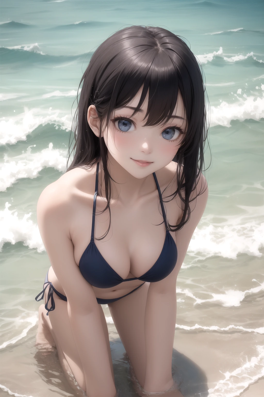 波打ち際で膝立ち