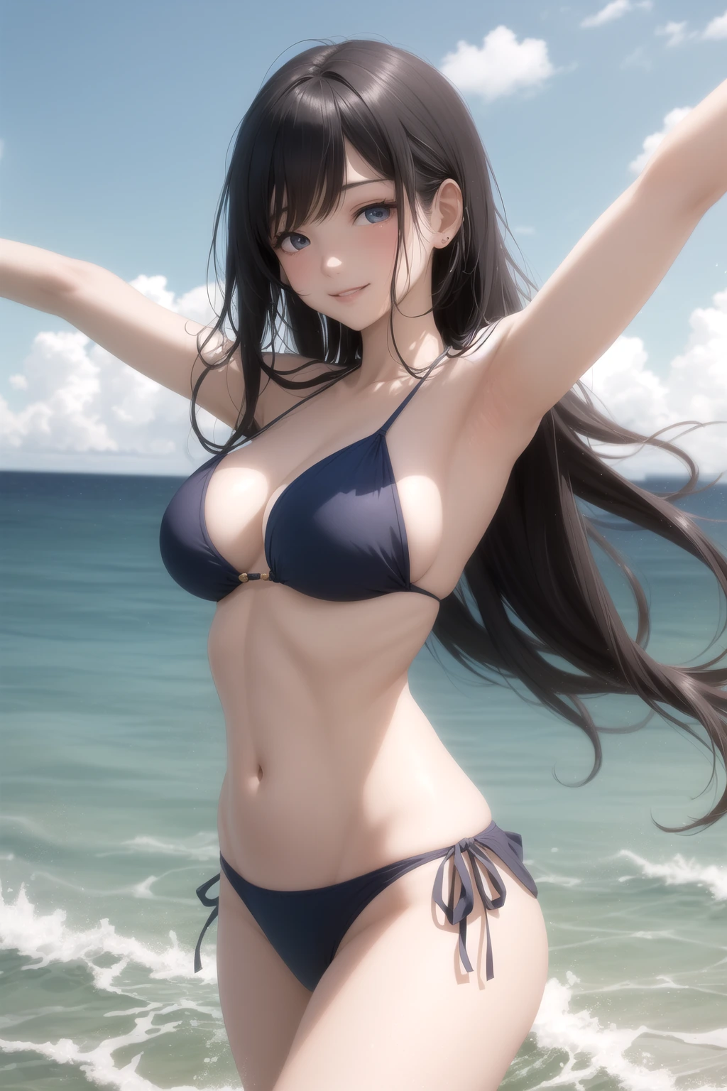 海を背に手を広げる