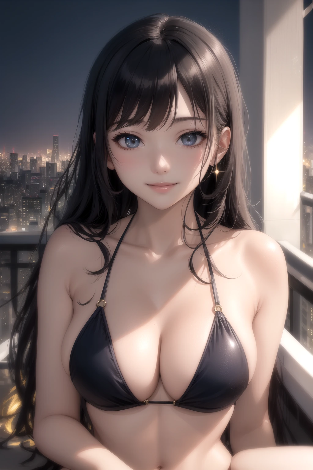 屋上プールで夜景バック
