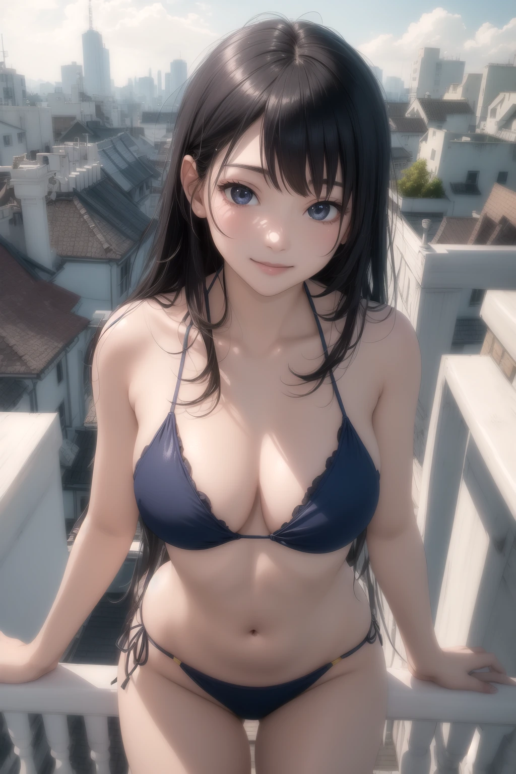テラスの手すりに寄りかかる