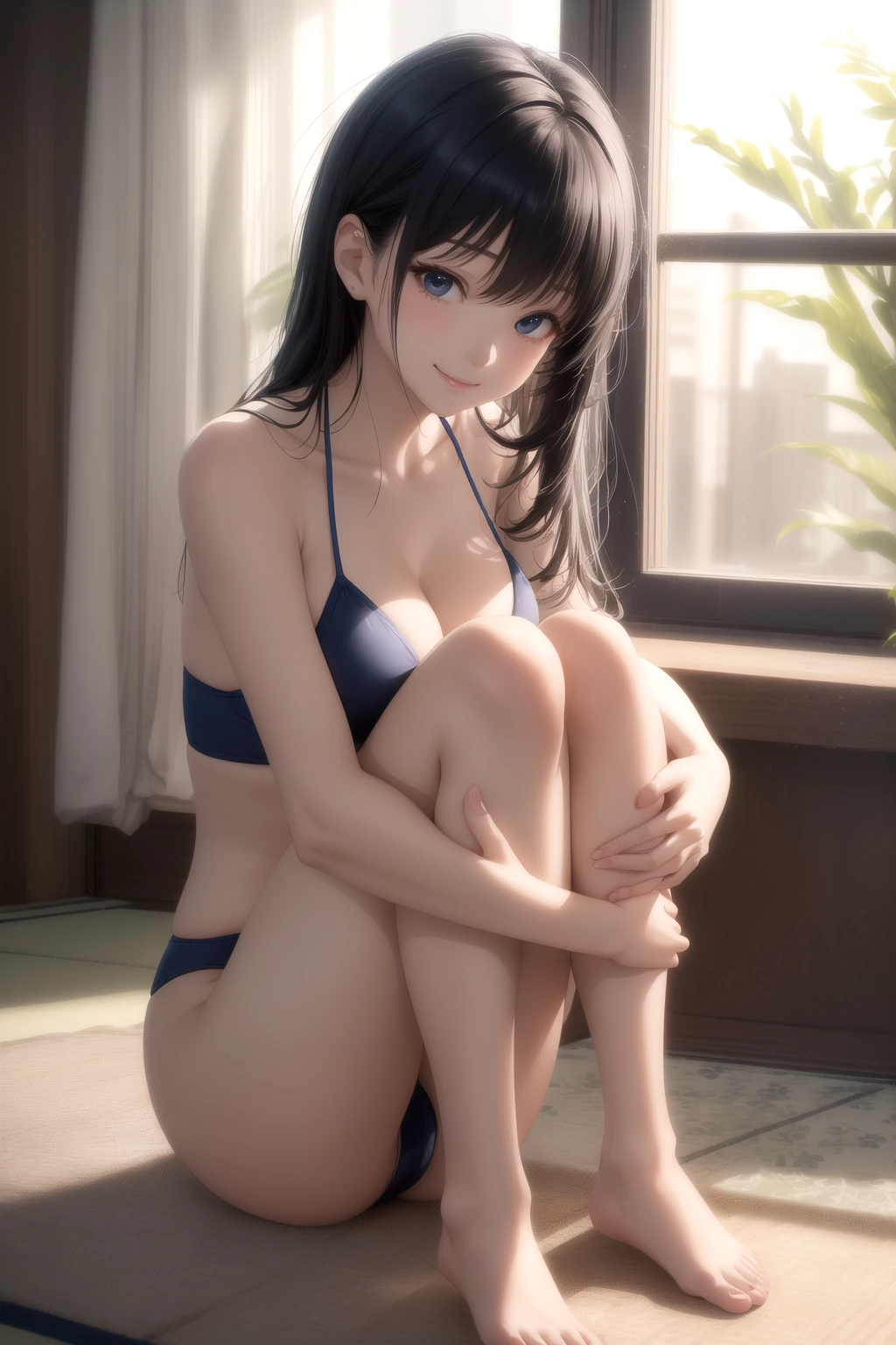 床に座り膝を抱える