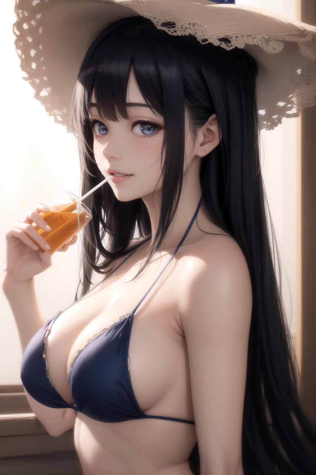 麦わら帽子で顔を隠す