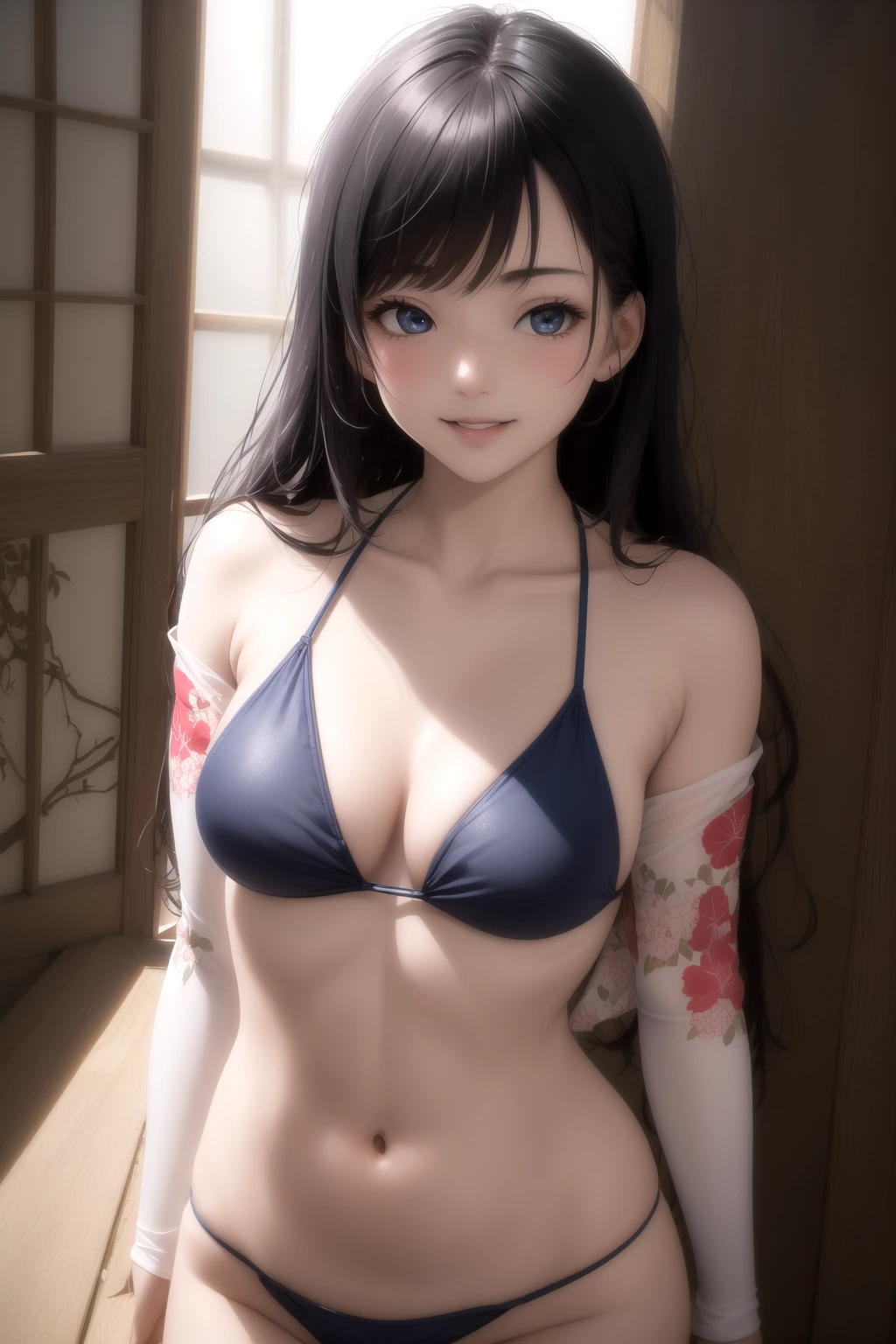 花柄ラッシュガードを羽織る