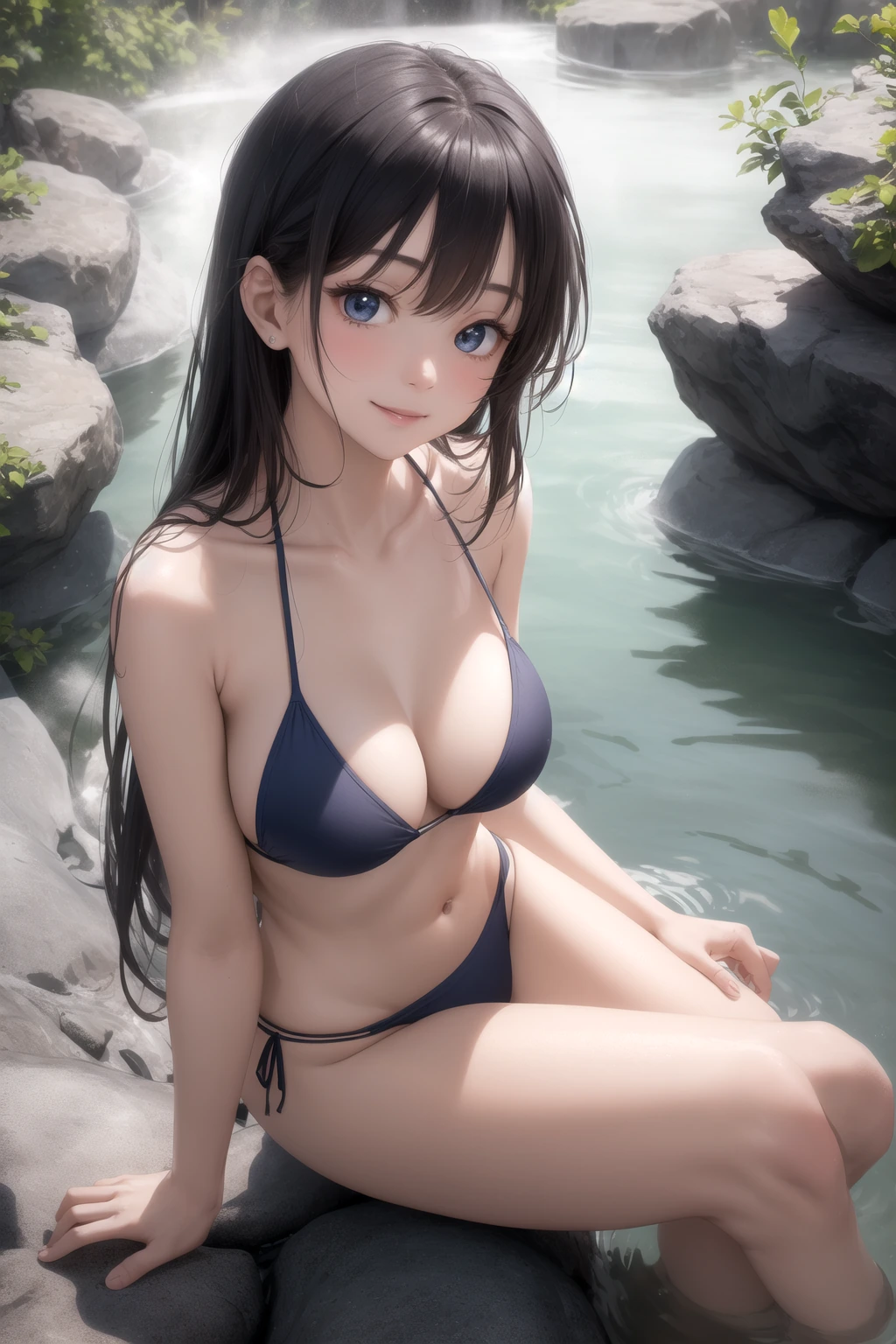 岩風呂の縁に腰掛ける