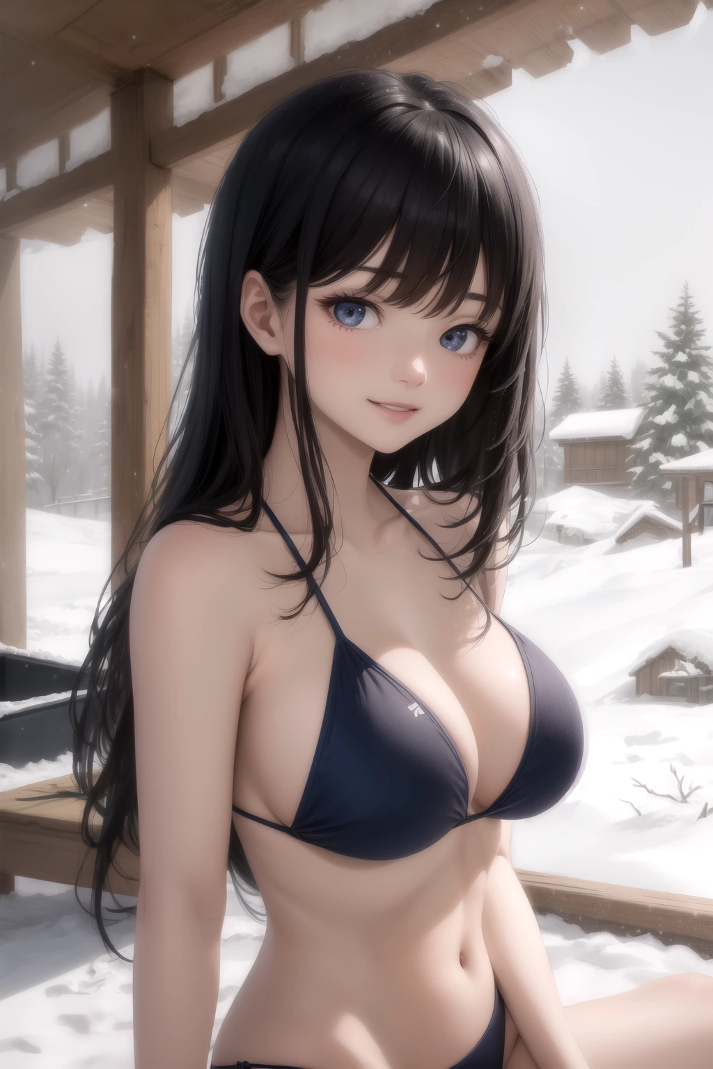 雪見風呂で肩をすくめる