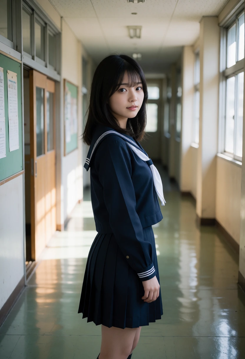 学校の廊下・かぶり型セーラー(紺)
