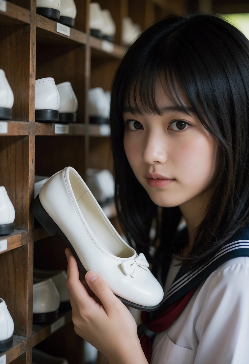 下駄箱・上履きを手に持つ