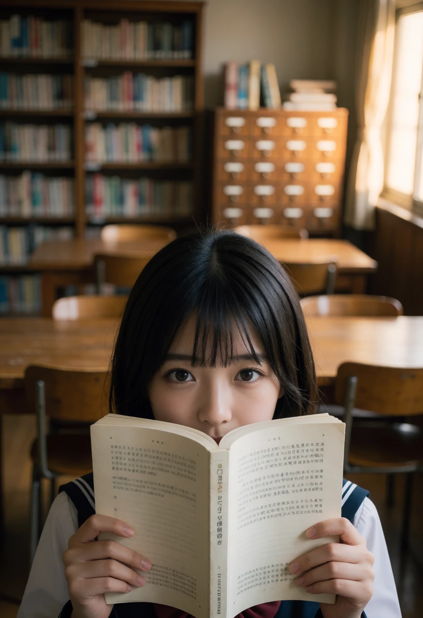 図書室・本の陰から目だけ