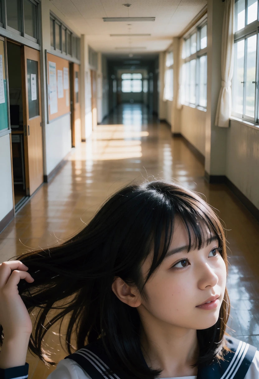学校の廊下・髪をかき上げる