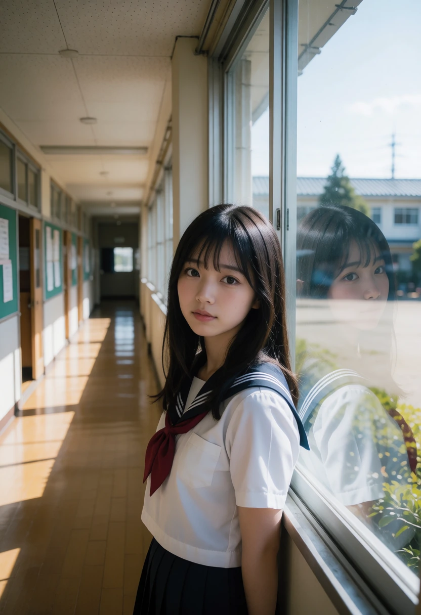 学校の廊下・窓ガラスの二重像