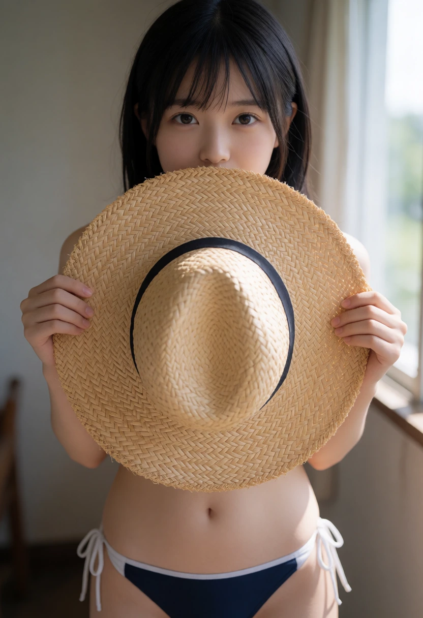 麦わら帽子で顔を隠す